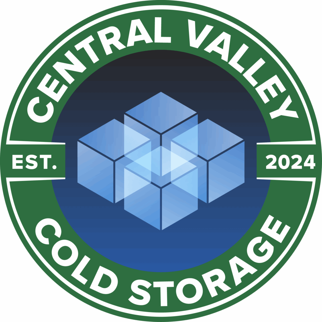 Central Valley Cold Storage logo featuring blue translucent cubes inside a green circular border, established 2024.