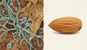 Microscopic view of fungal growth on an almond next to a whole almond kernel on a plain background.