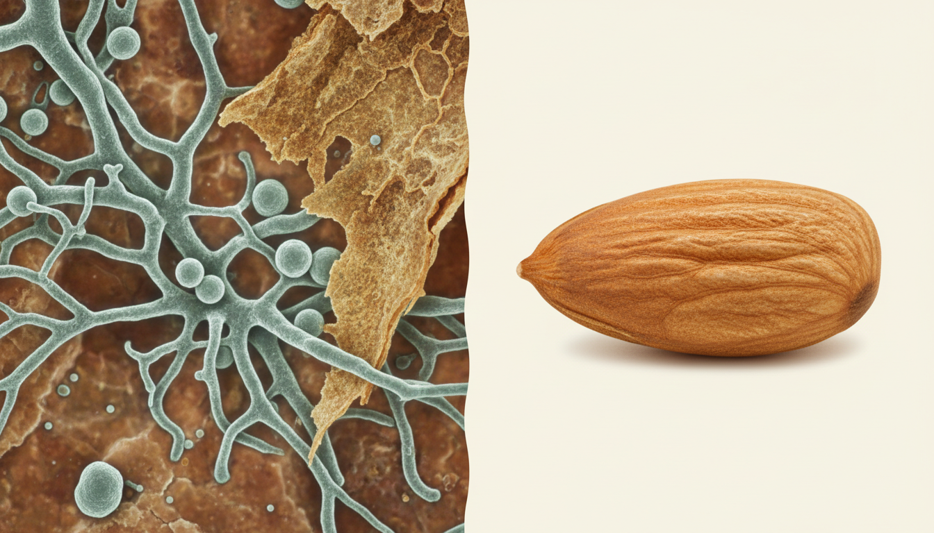 Microscopic view of fungal growth on an almond next to a whole almond kernel on a plain background.