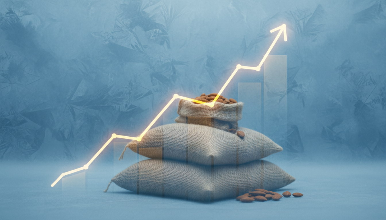 Glowing upward-trending line graph over stacked burlap sacks of nuts, symbolizing agricultural market growth.
