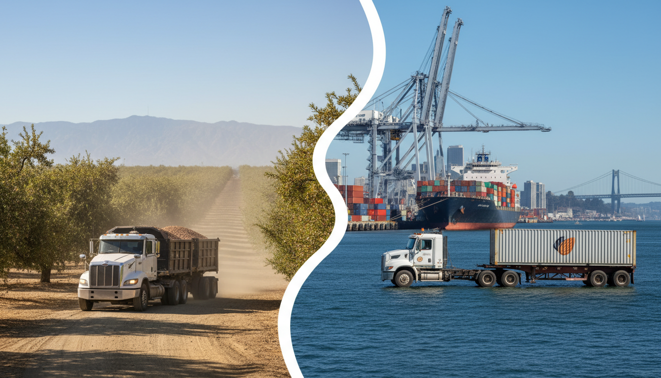 Split image of a truck in an almond orchard and a container truck at a busy shipping port.