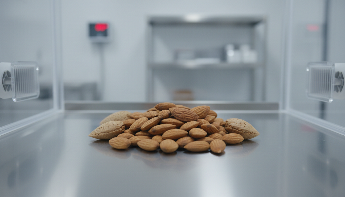 A pile of raw almonds on a stainless steel scale inside a sterile laboratory testing chamber.
