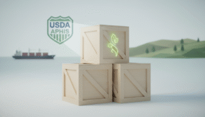 Wooden crates with USDA APHIS logo and green leaf icon, representing agricultural shipping and inspection.