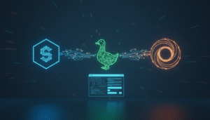 A digital illustration of a green circuitry duck connected by glowing lines to a blue 'S' logo and an orange spiral.