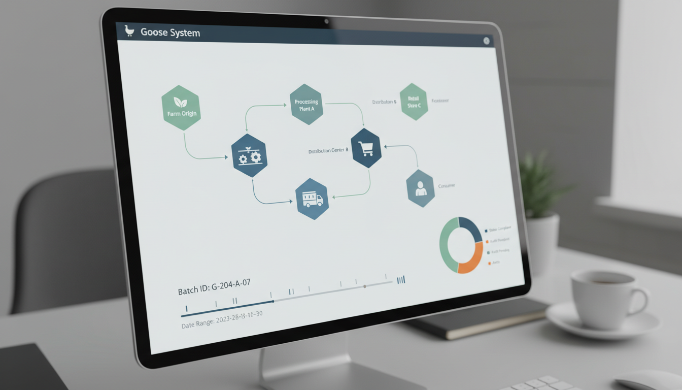 Goose System supply chain tracking dashboard shown on a monitor in a modern office.