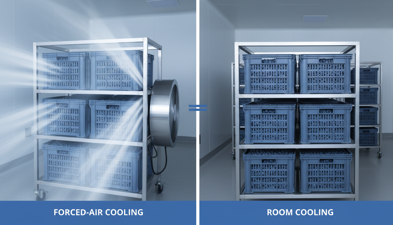 Comparison of forced-air cooling vs. room cooling for produce in blue crates on metal racks.