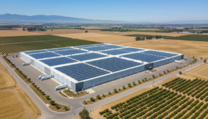 Aerial view of a large warehouse with a rooftop solar panel array, surrounded by agricultural fields and semi-trucks.