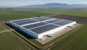 Aerial view of a large white warehouse with a rooftop solar panel array, surrounded by green farmland and mountains.