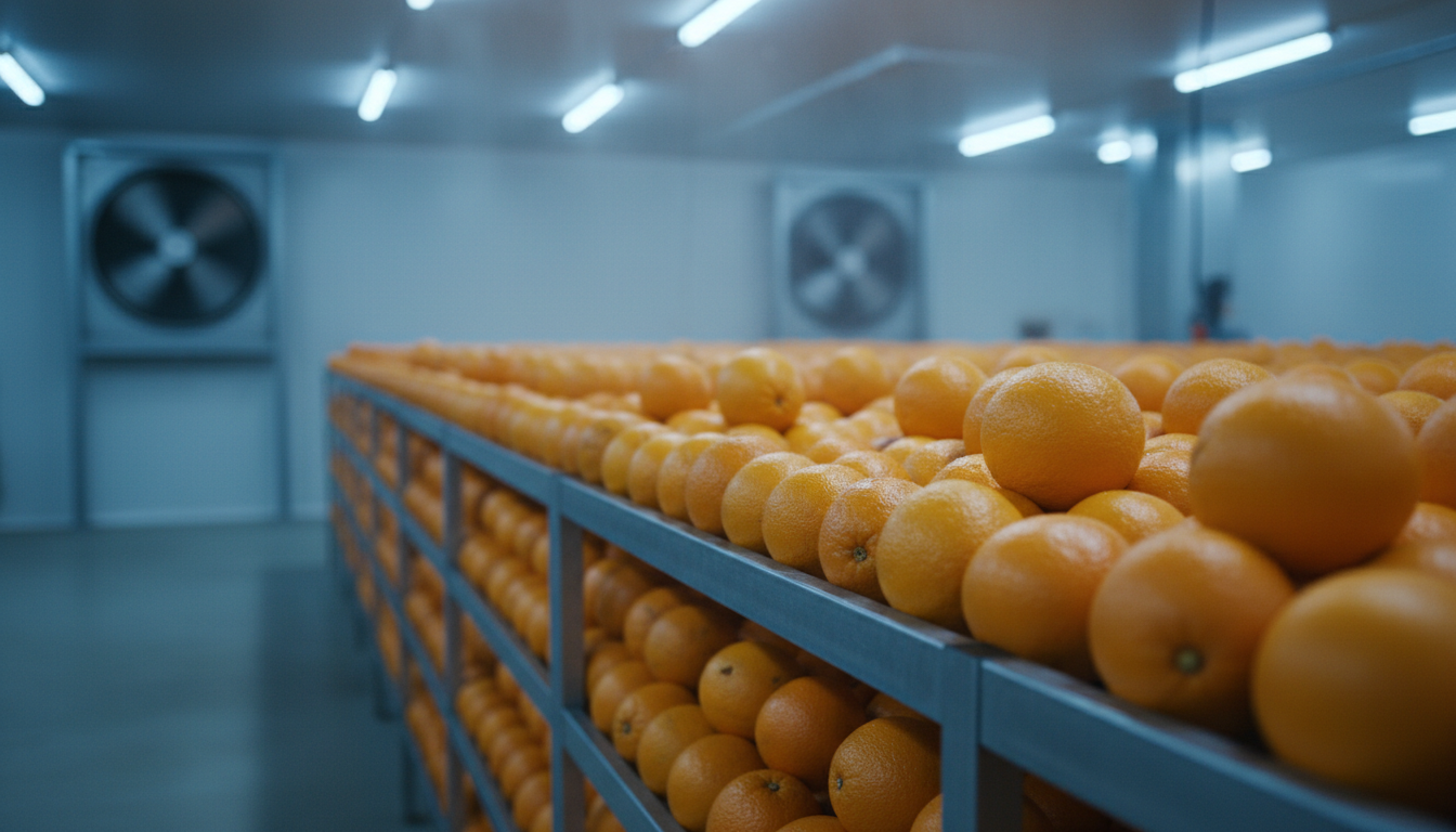 Oranges stacked on metal racks in a cold storage warehouse with industrial fans and bright overhead lights.