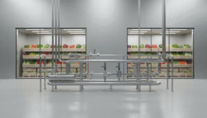 Industrial stainless steel piping system for fresh produce storage facility with vegetables in the background.