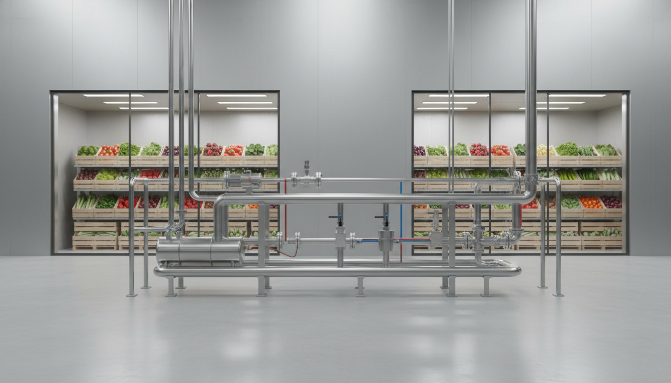 Industrial stainless steel piping system for fresh produce storage facility with vegetables in the background.