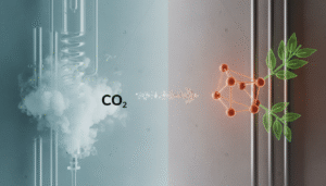 Digital art showing industrial CO2 gas transforming through an arrow into a molecular structure with green leaves.