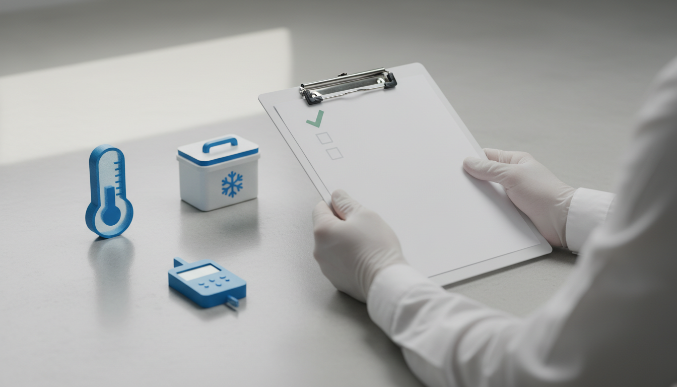Gloved hands holding a clipboard with a green checkmark next to icons for temperature monitoring and a medical cooler.