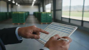 Close-up of hands using a tablet for inventory management in a warehouse with stacked green crates.