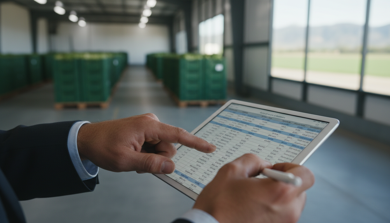 Close-up of hands using a tablet for inventory management in a warehouse with stacked green crates.