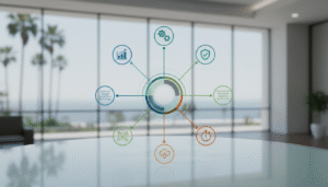 Digital circular infographic with business icons floating over a modern office desk with a coastal view.