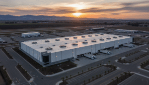 Aerial view of a large white warehouse at sunset with semi-trucks at loading bays and mountains in the distance.