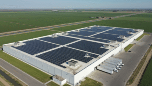 Aerial view of a large white warehouse with extensive rooftop solar panels surrounded by green agricultural fields.