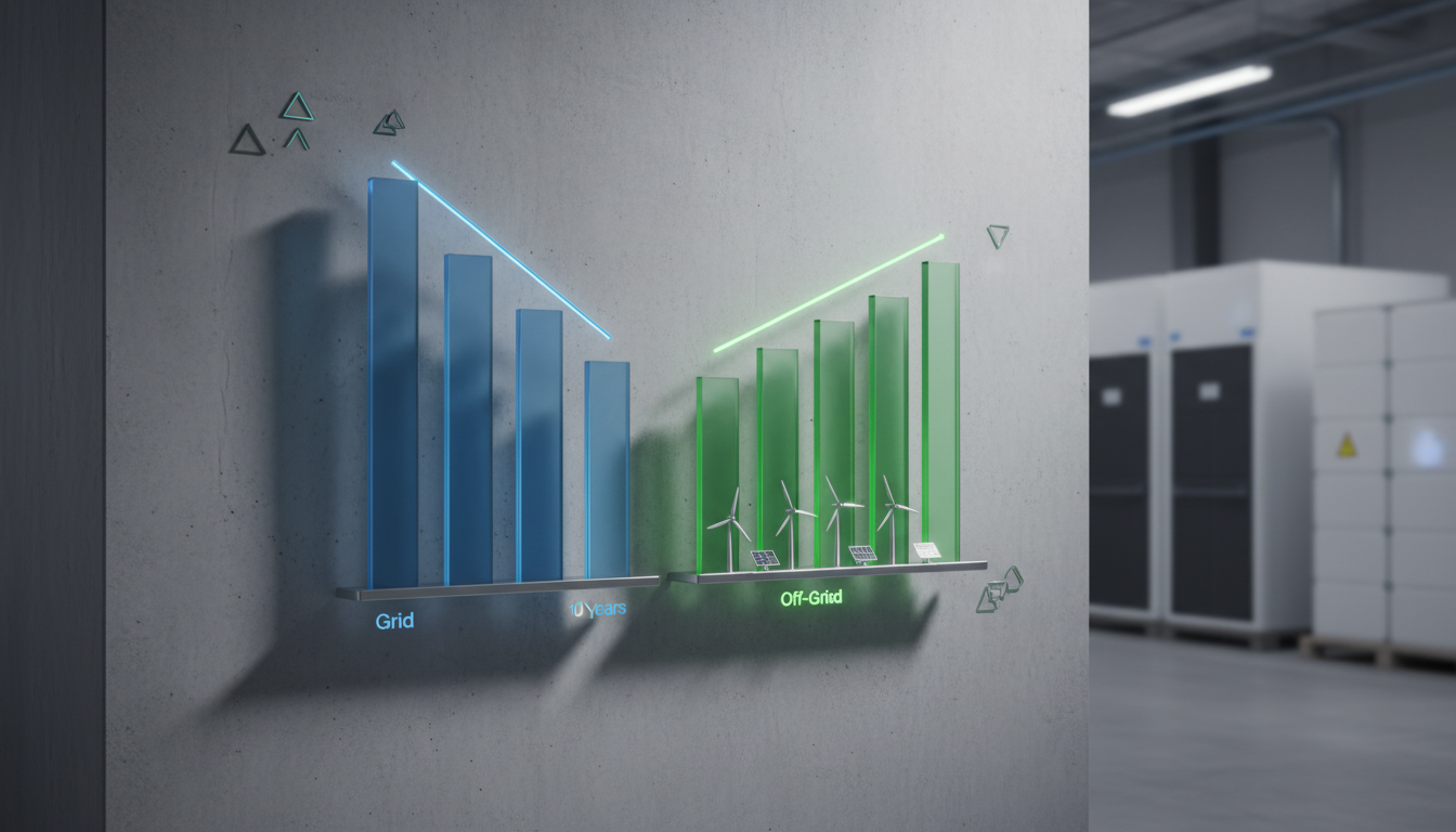 3D bar chart on a concrete wall showing decreasing grid energy and increasing off-grid renewable energy trends.