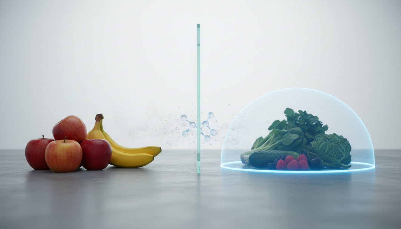 Ethylene gas from fruit blocked by a glass barrier, protecting vegetables under a glowing blue dome.