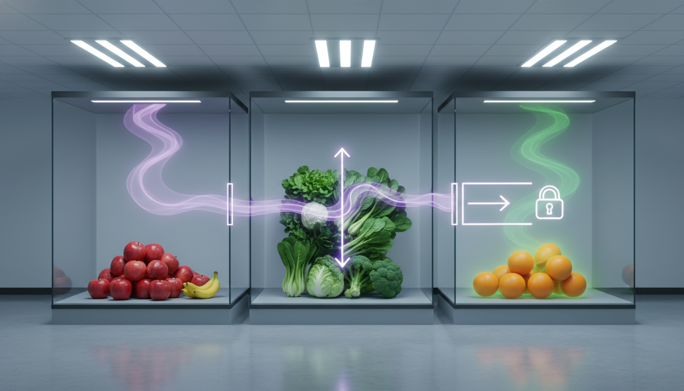 Conceptual image of nutrient transfer between apples, leafy greens, and oranges using glowing energy trails.