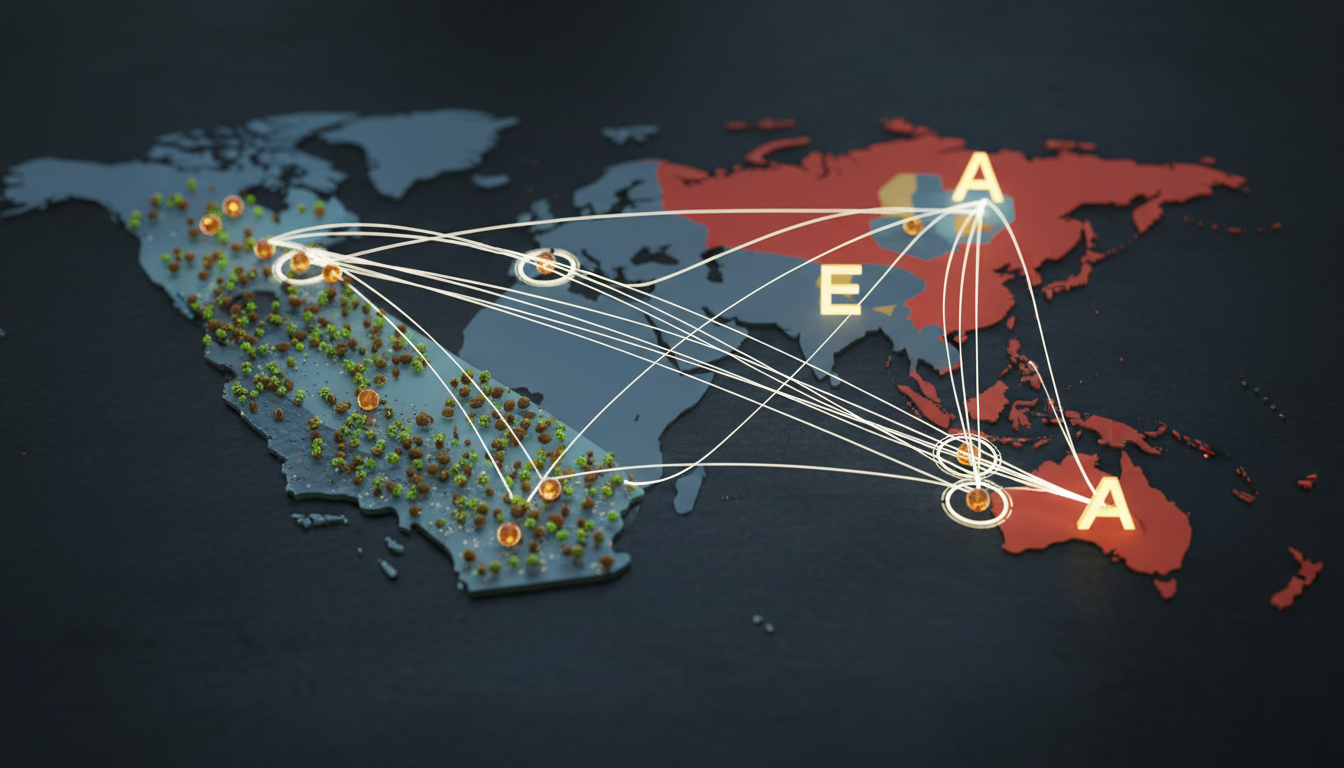 3D digital world map with glowing nodes and white connection lines representing global data networking.