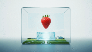 A red strawberry suspended in a glass cube above a block of ice, with a miniature green landscape background.