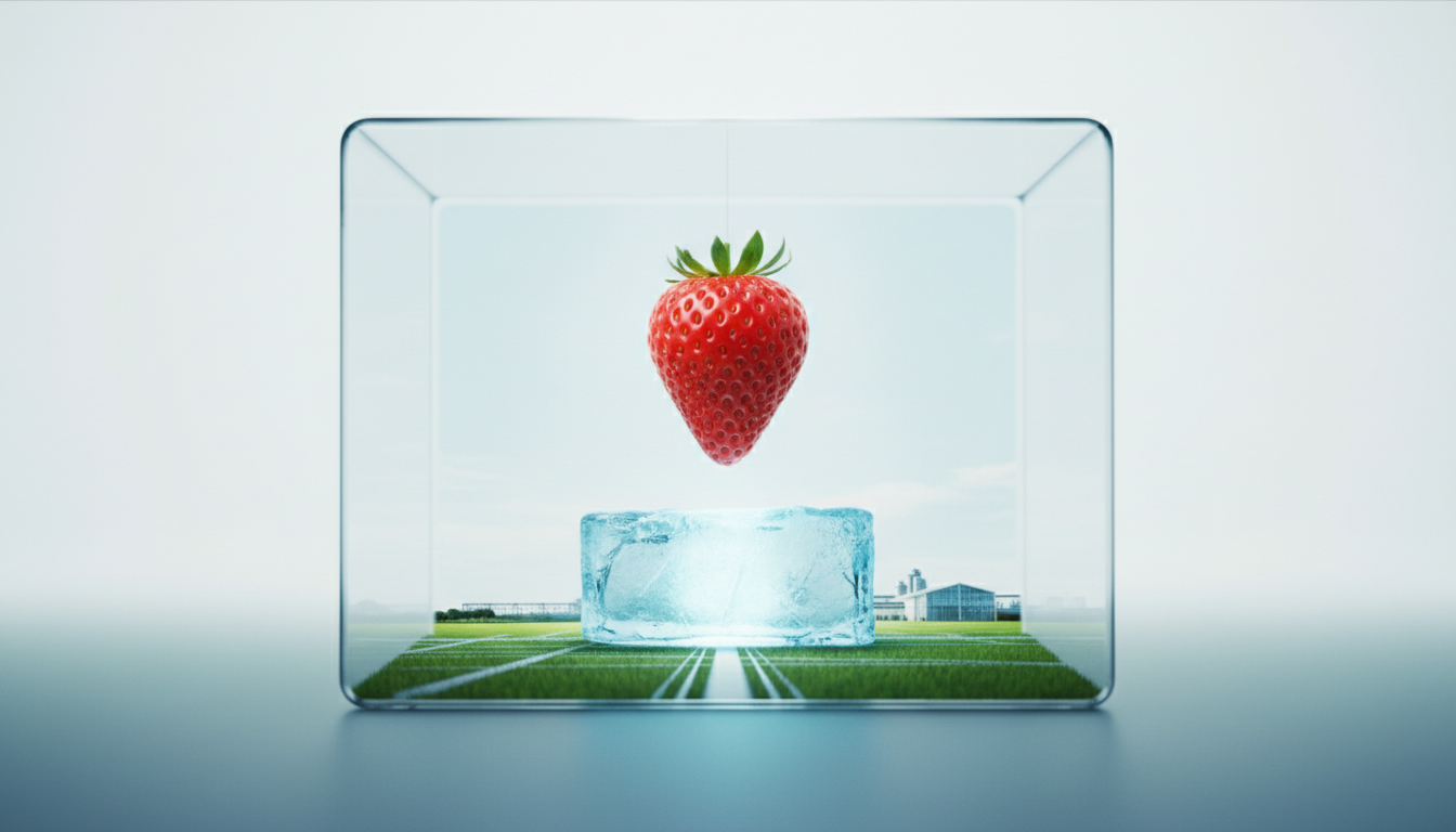 A red strawberry suspended in a glass cube above a block of ice, with a miniature green landscape background.