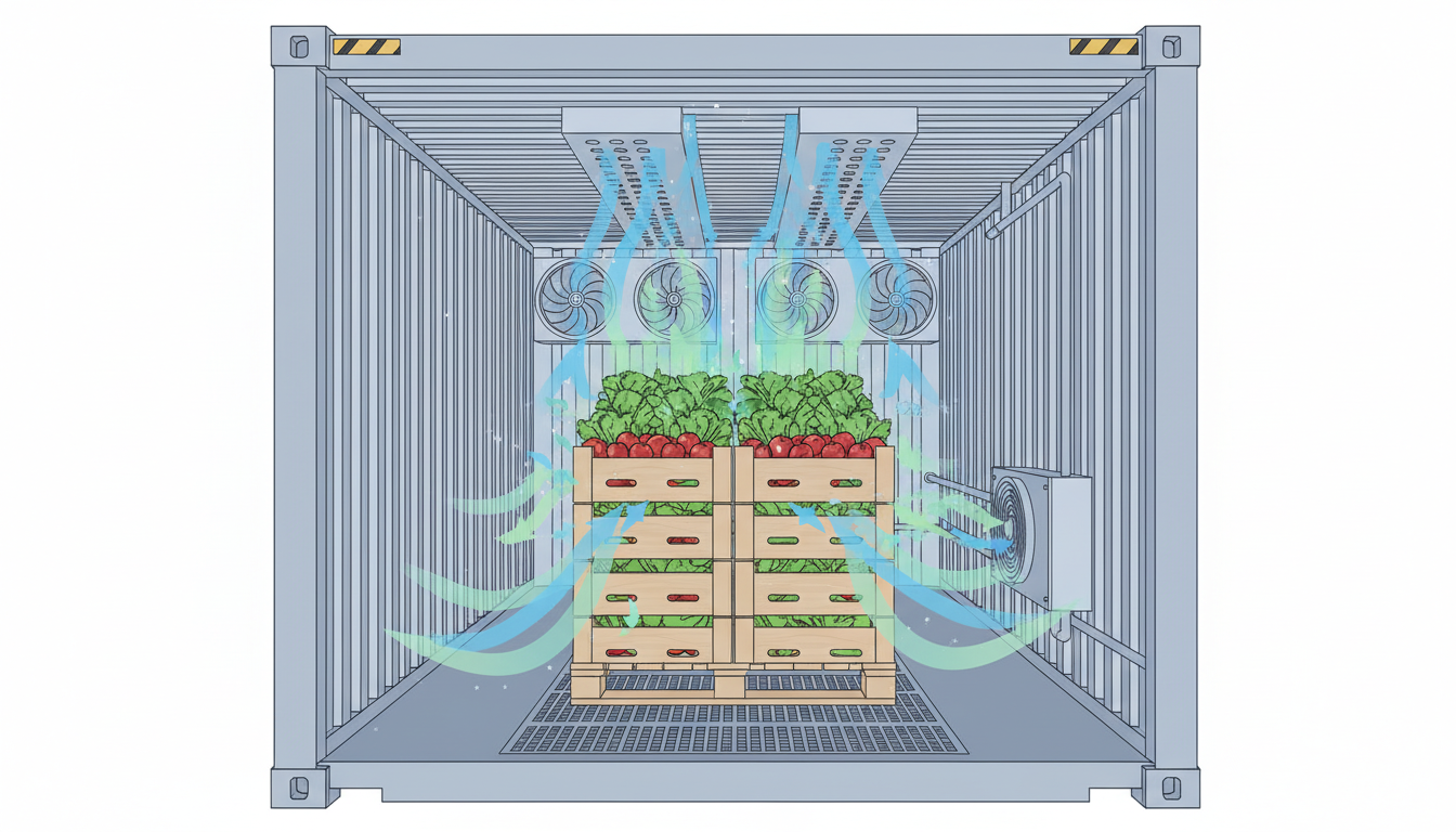 Diagram of air circulation within a refrigerated shipping container containing crates of fresh fruits and vegetables.