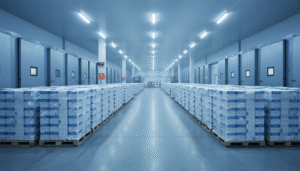 Stacks of palletized goods in a clean, brightly lit industrial freezer or cold storage warehouse with a wide aisle.