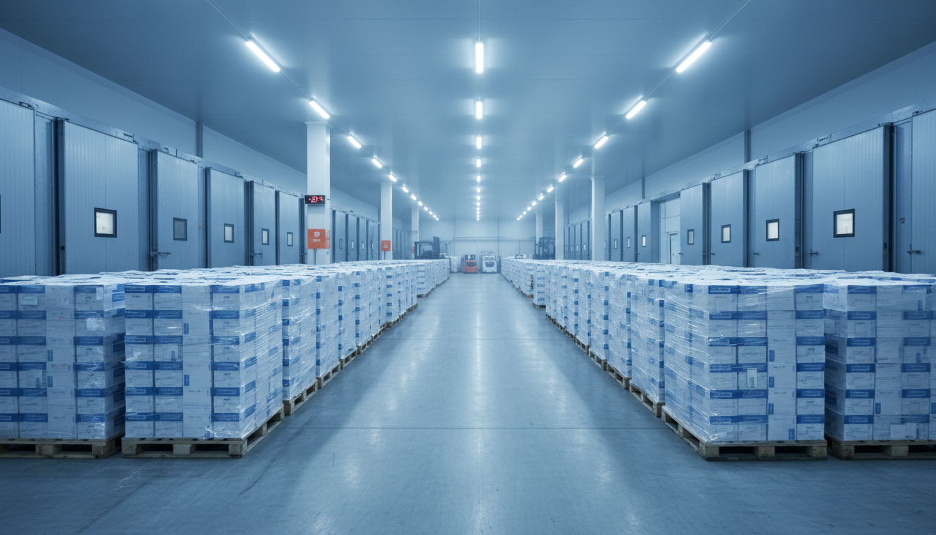 Stacks of palletized goods in a clean, brightly lit industrial freezer or cold storage warehouse with a wide aisle.
