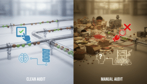 Split-screen comparison of a streamlined automated 'Clean Audit' versus a cluttered and complex 'Manual Audit' process.