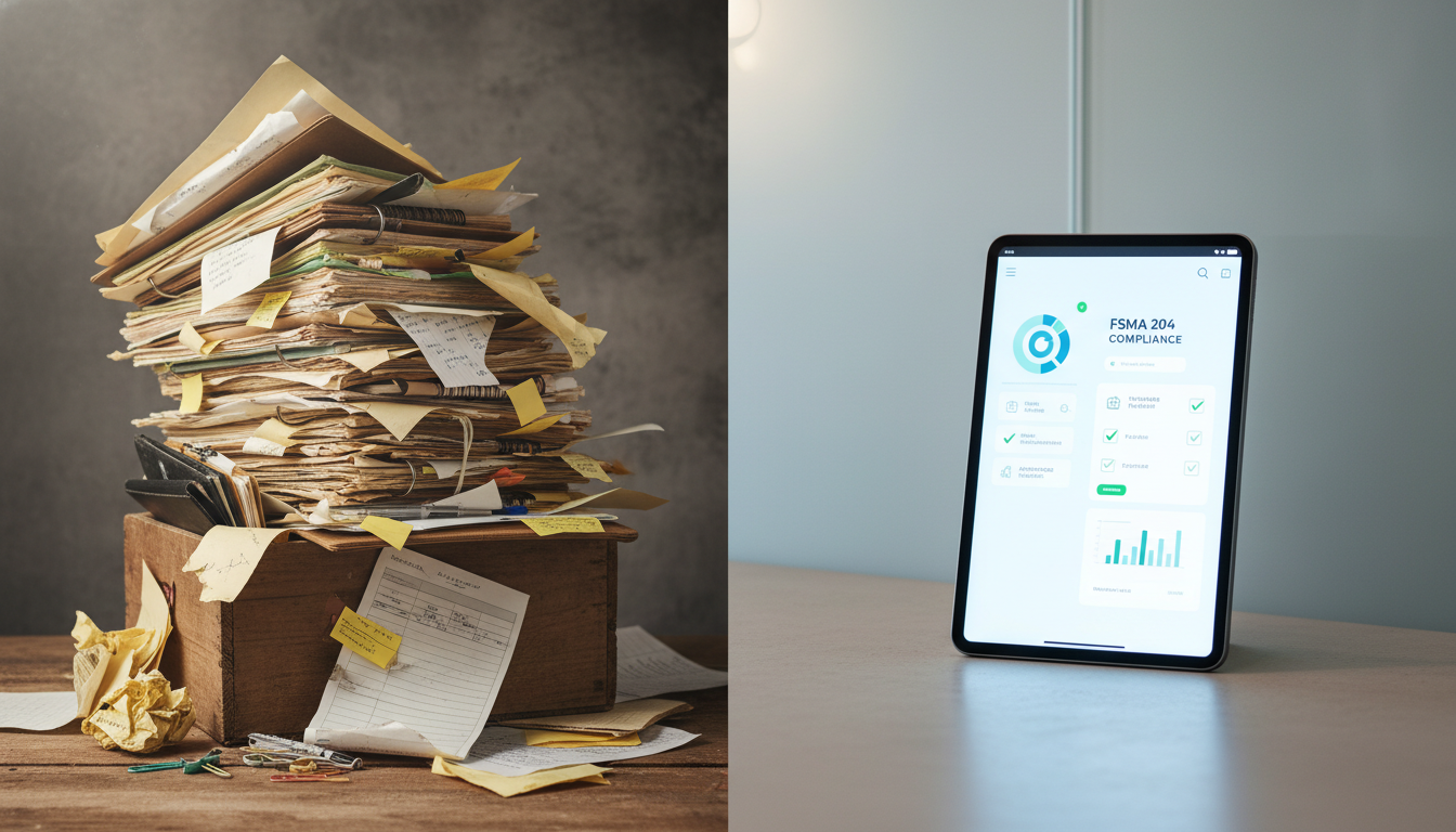 Comparison of a messy pile of paper records and a sleek digital tablet displaying FSMA 204 compliance software.