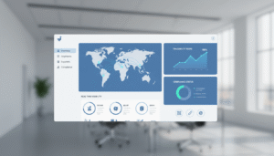 Supply chain dashboard showing world map, traceability score graph, and compliance status donut chart.