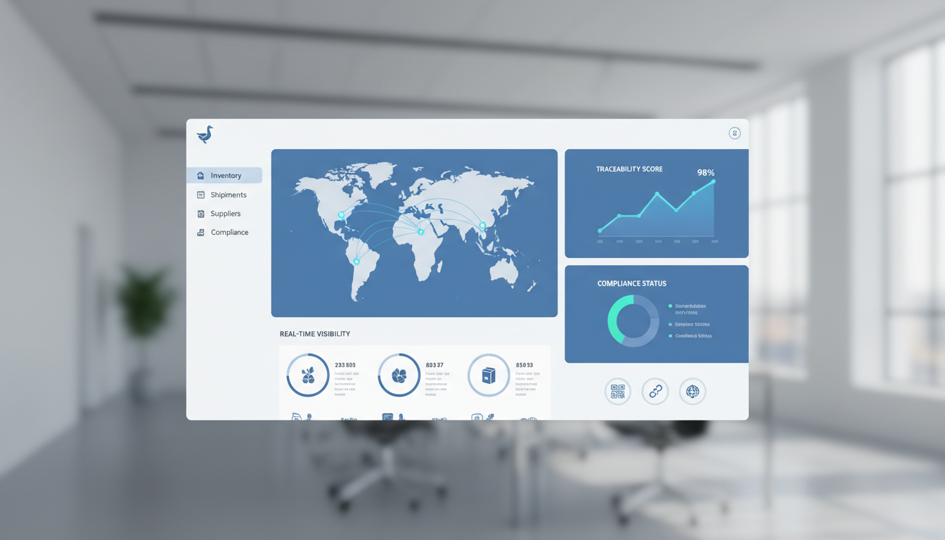 Supply chain dashboard showing world map, traceability score graph, and compliance status donut chart.