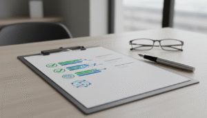 Clipboard with business reports, fountain pen, and glasses on a wooden desk in a blurred office.