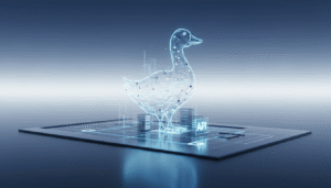 A glowing blue digital duck silhouette with circuit patterns and an API label on a futuristic tech platform.