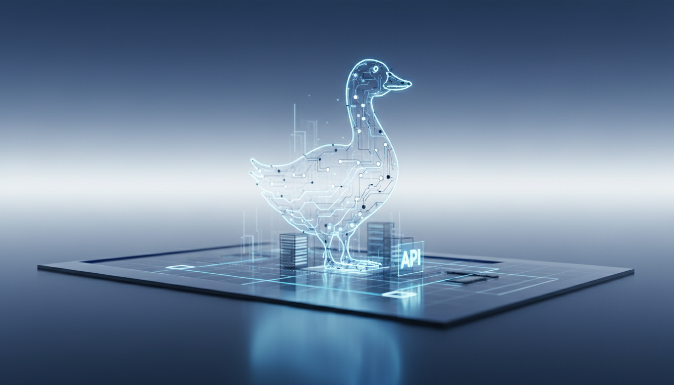 A glowing blue digital duck silhouette with circuit patterns and an API label on a futuristic tech platform.