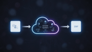 Diagram showing data flow from a database through the Goose System cloud into an ERP system.