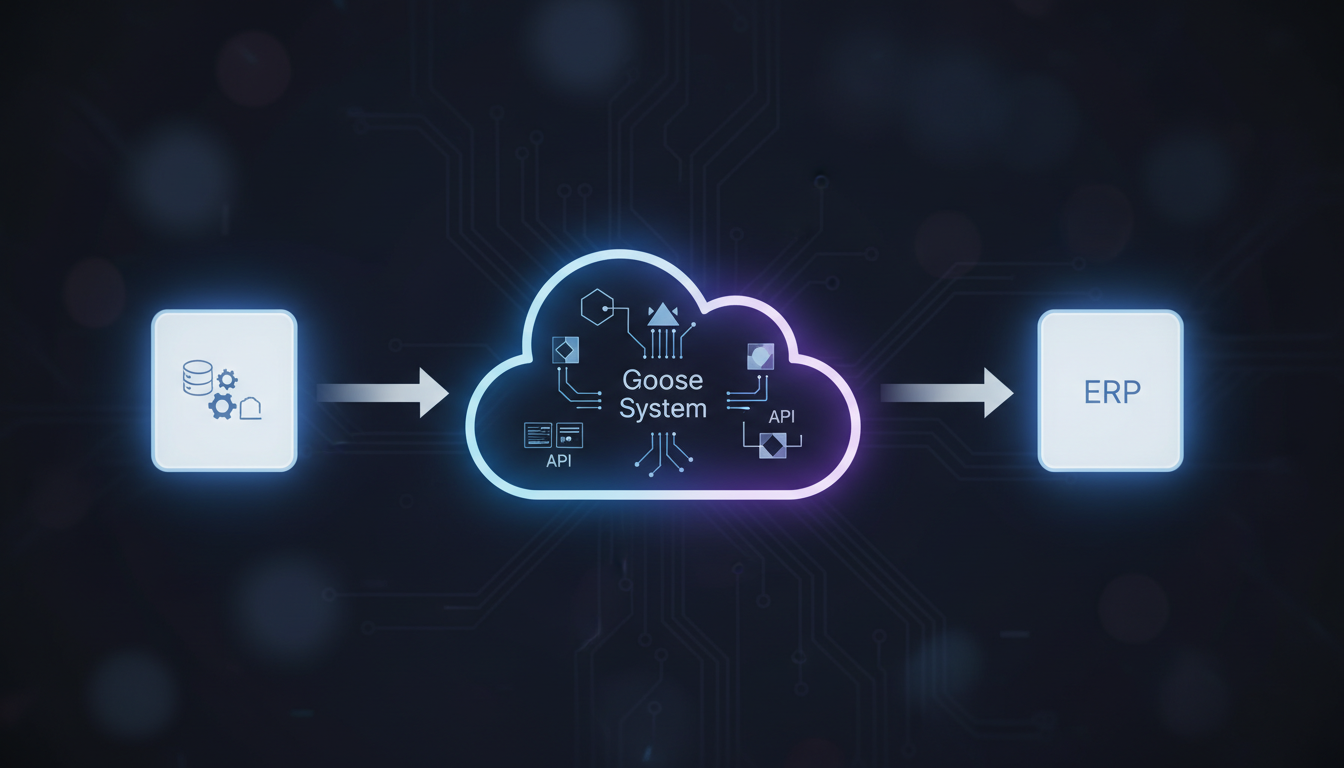 Diagram showing data flow from a database through the Goose System cloud into an ERP system.
