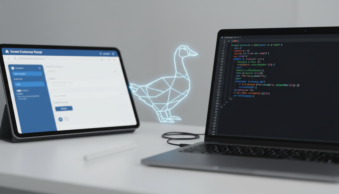 Tablet with Goose Customer Portal, laptop with code, and a glowing polygonal goose graphic between them.