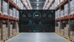 Digital cold chain dashboard showing 3.8°C temperature and humidity data over a blurred warehouse interior.