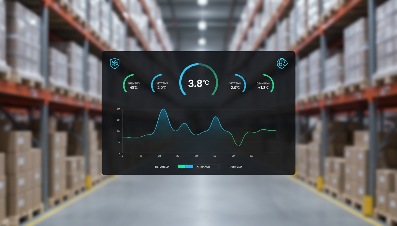 Digital cold chain dashboard showing 3.8°C temperature and humidity data over a blurred warehouse interior.