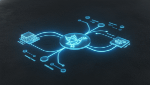 Futuristic blue digital network diagram connecting logistics, ERP, and facility systems with a central swan logo.