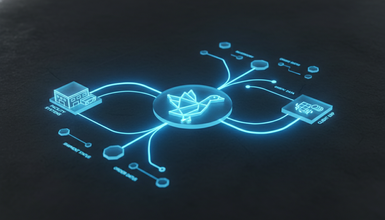 Futuristic blue digital network diagram connecting logistics, ERP, and facility systems with a central swan logo.