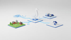 Isometric 3D illustration of a white swan connecting a farm, warehouse, and home through digital circuit lines.