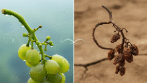 Side-by-side comparison of fresh green grapes on a vine versus shriveled brown raisins on a dry stem.