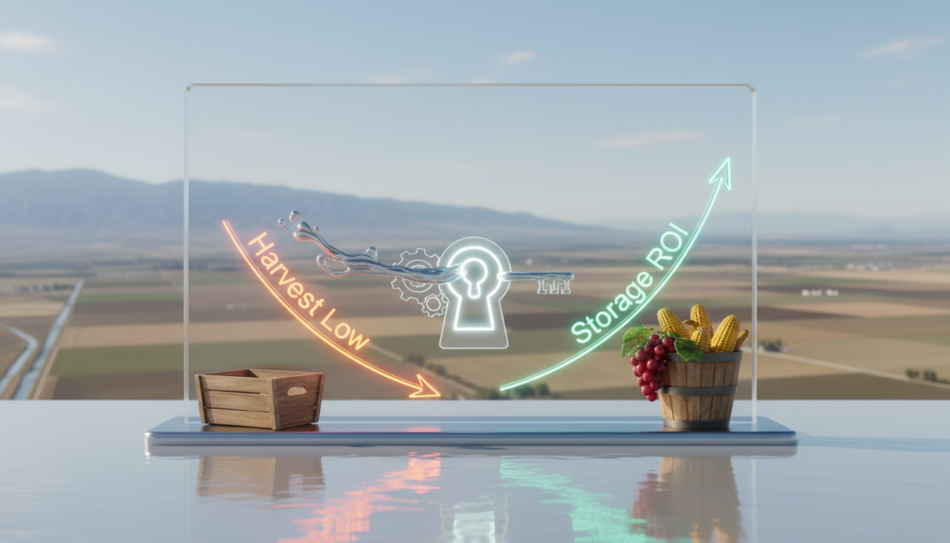 Infographic on glass panel showing 'Harvest Low' and 'Storage ROI' arrows over a blurred farm landscape.