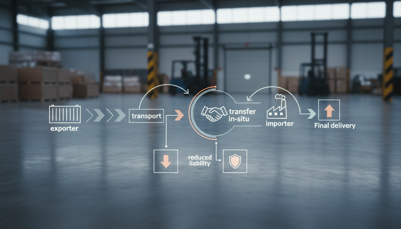 Infographic of a supply chain flow from exporter to final delivery via in-situ transfer in a warehouse setting.