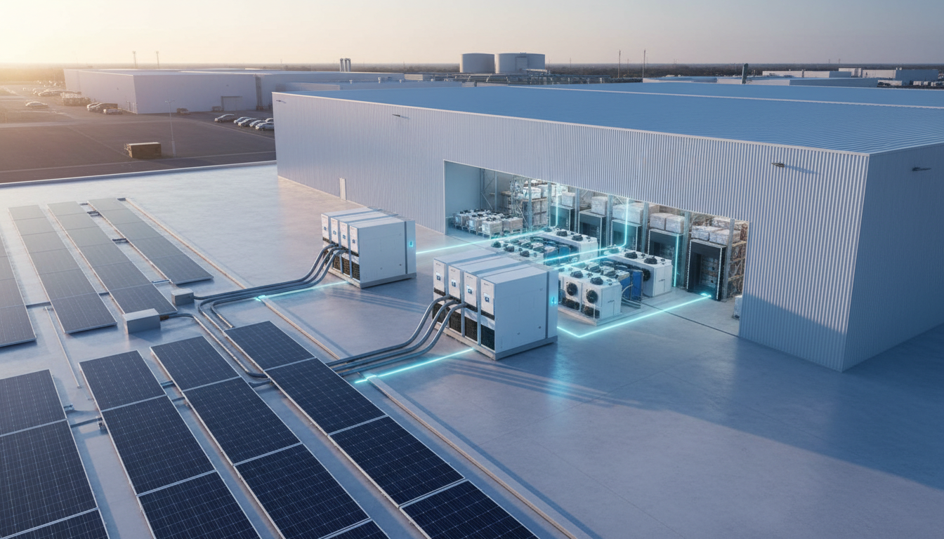 Rooftop solar panels and energy storage units at an industrial facility with blue light trails showing energy flow.